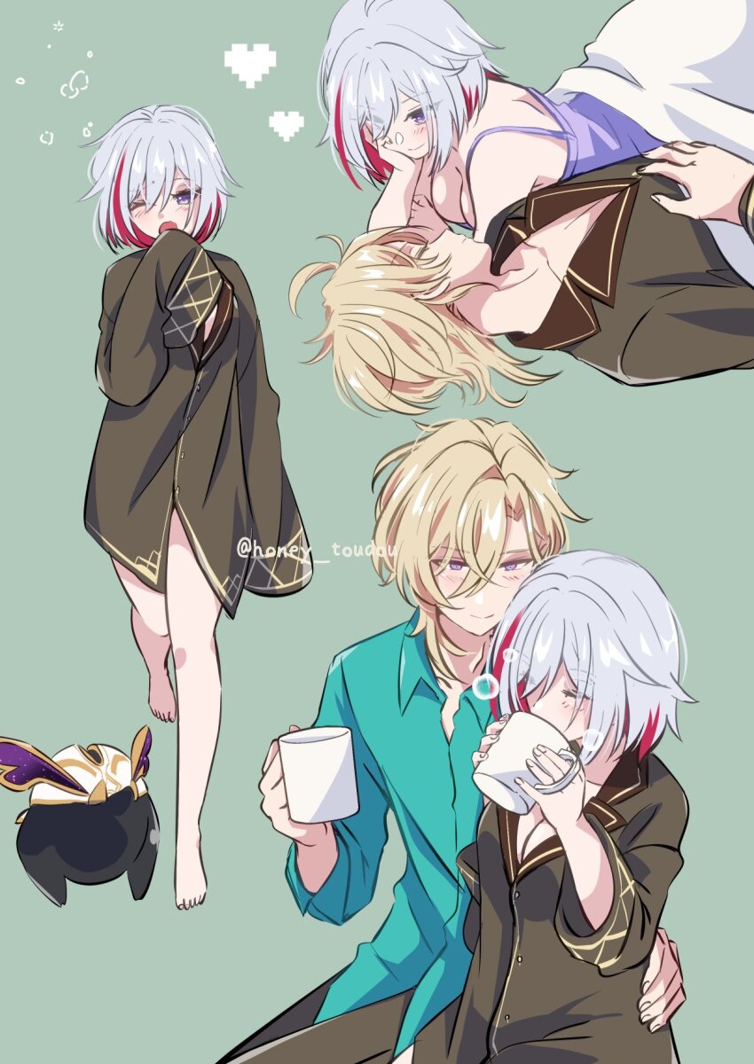 1boy, 1girl, aqua_shirt, aventurine_(anan)_(honkai:_star_rail), aventurine_(honkai:_star_rail), bare_legs, black_shirt, blonde_hair, blue_shirt, blush, borrowed_clothes, breasts, brown_shirt, camisole, cleavage, closed_mouth, coffee_mug, collarbone, collared_shirt, colored_inner_hair, commentary_request, couple, cup, drinking, green_background, hand_on_another's_hip, head_on_hand, heart, hetero, highres, honey_toudou, honkai:_star_rail, honkai_(series), large_breasts, long_sleeves, looking_at_another, lying, messy_hair, mug, multicolored_hair, multiple_views, numby_(honkai:_star_rail), on_back, on_stomach, open_collar, purple_camisole, purple_eyes, red_hair, shirt, short_hair, simple_background, sitting, sleeves_past_fingers, sleeves_past_wrists, smile, streaked_hair, topaz_(honkai:_star_rail), trotter_(honkai:_star_rail), twitter_username, walking, white_hair, wide_sleeves, yawning