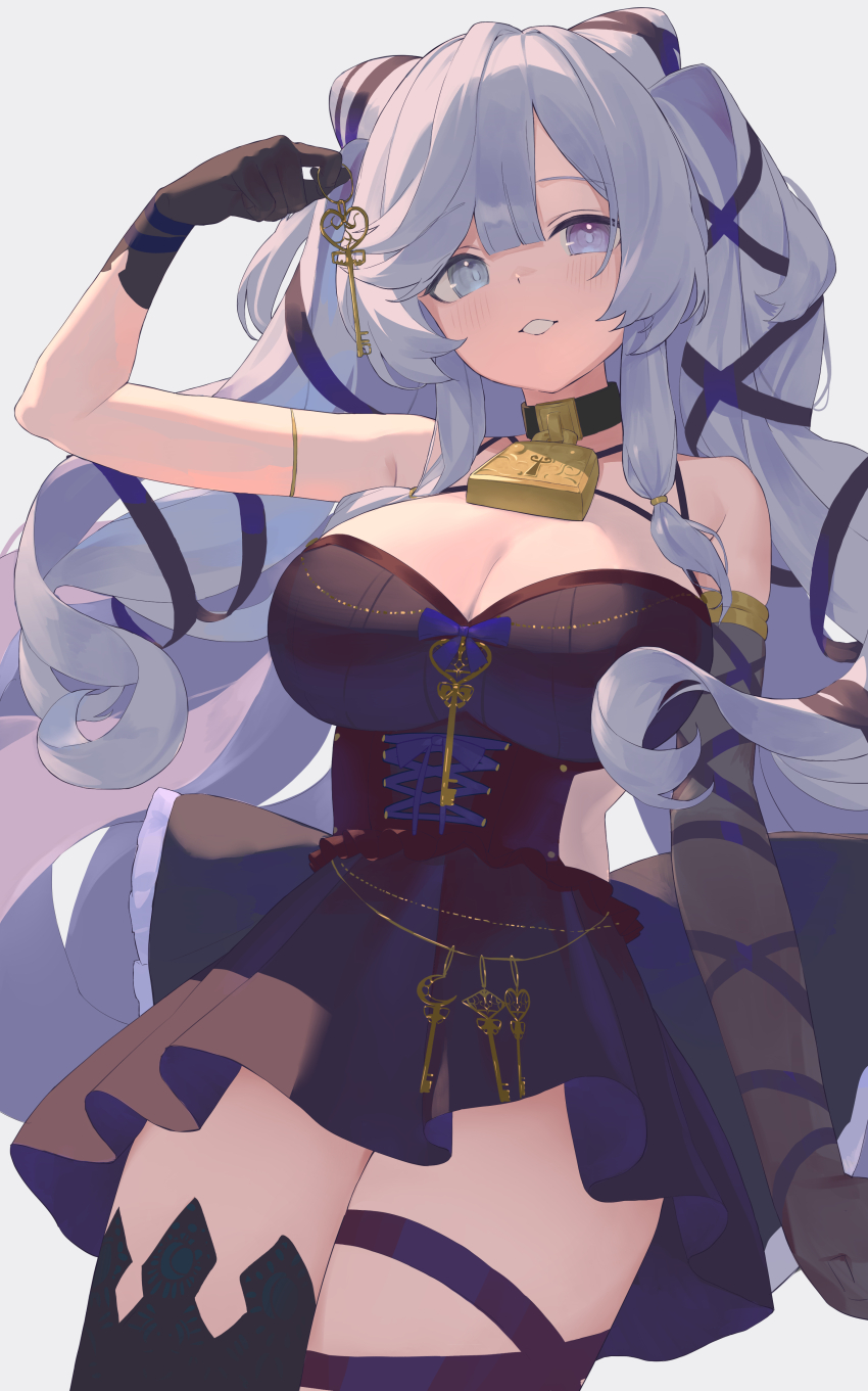 1girl, absurdres, arm_ribbon, arm_up, armlet, bare_shoulders, black_choker, black_gloves