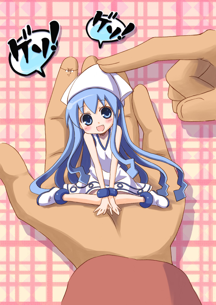 1girl, blue_eyes, blue_hair, fang, ikamusume, in_palm, long_hair, matching_hair/eyes, mini_person, minigirl, ootaka_narumi, shinryaku!_ikamusume, solo_focus, when_you_see_it