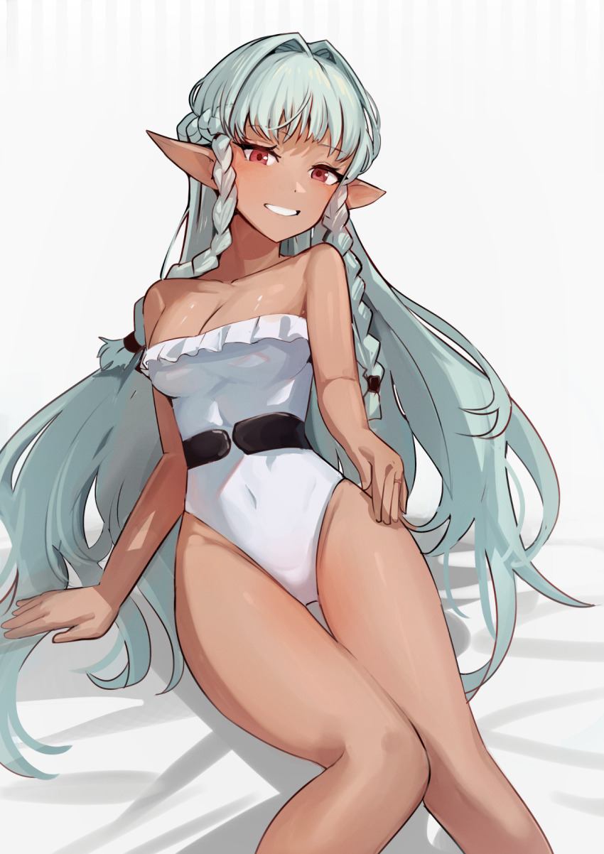 1girl, aqua_hair, bare_arms, bare_shoulders, braid, breasts, cleavage, commentary_request, covered_navel, dark-skinned_female, dark_elf, dark_skin, elf, hair_intakes, highres, leotard, long_hair, medium_breasts, pointy_ears, red_eyes, rosalinde_(unicorn_overlord), side_braids, simple_background, smile, solo, solokitsune, strapless, strapless_leotard, thigh_gap, thighs, unicorn_overlord, very_long_hair, white_background, white_leotard