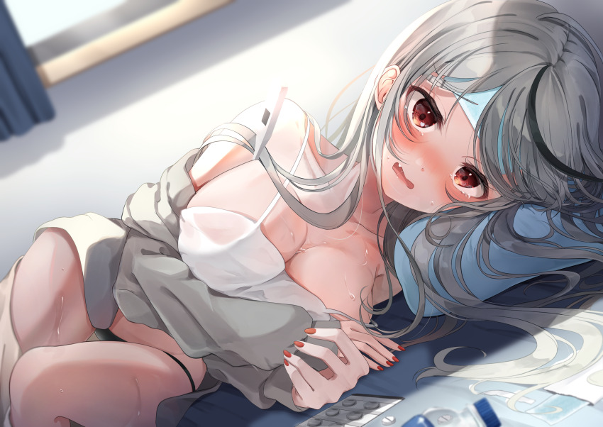 1girl, absurdres, black_hair, breasts, cleavage, fang, grey_hair, highres