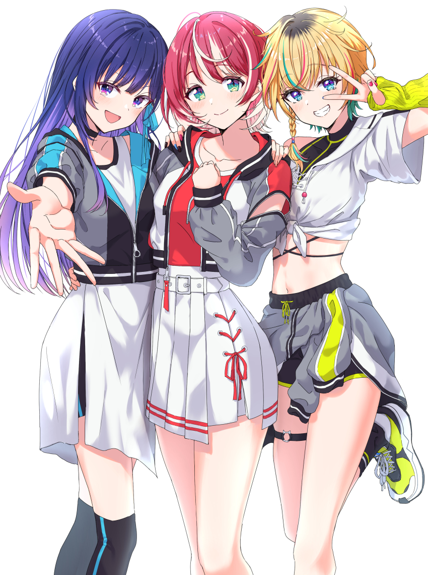 3girls, absurdres, belt, black_choker, black_shorts, black_socks, black_thighhighs, blue_eyes