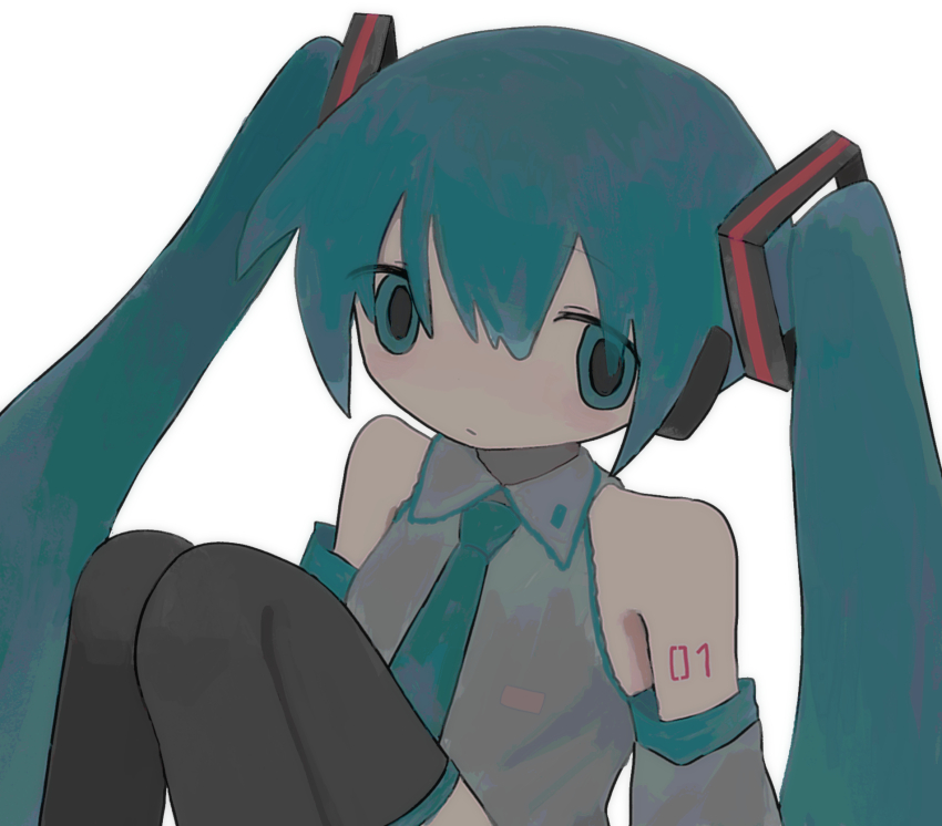 1girl, aqua_eyes, aqua_hair, aqua_necktie, bare_shoulders, black_thighhighs, closed_mouth, collared_shirt