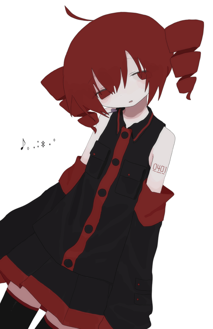 1girl, ahoge, arm_tattoo, arms_at_sides, bare_shoulders, black_shirt, black_skirt, black_sleeves