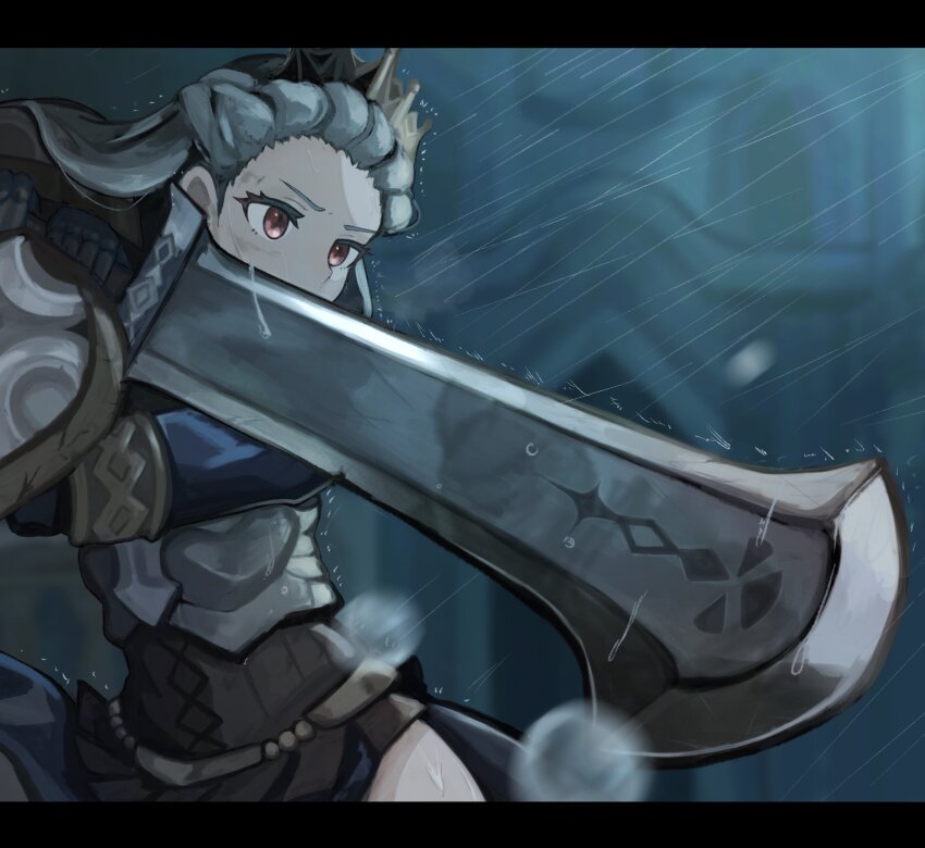 1girl, armor, blue_hair, blurry, blurry_background, blurry_foreground, commentary_request, crown
