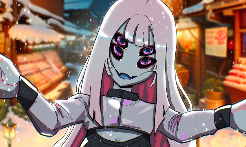 1girl, absurdres, arthropod_girl, basedbinkie, black_sclera, blue_tongue, cleavage_cutout, clothing_cutout, colored_sclera, colored_tongue, extra_eyes, fang, highres, jeong-hui_(basedbinkie), long_hair, looking_at_viewer, original, pink_eyes, portrait, smile