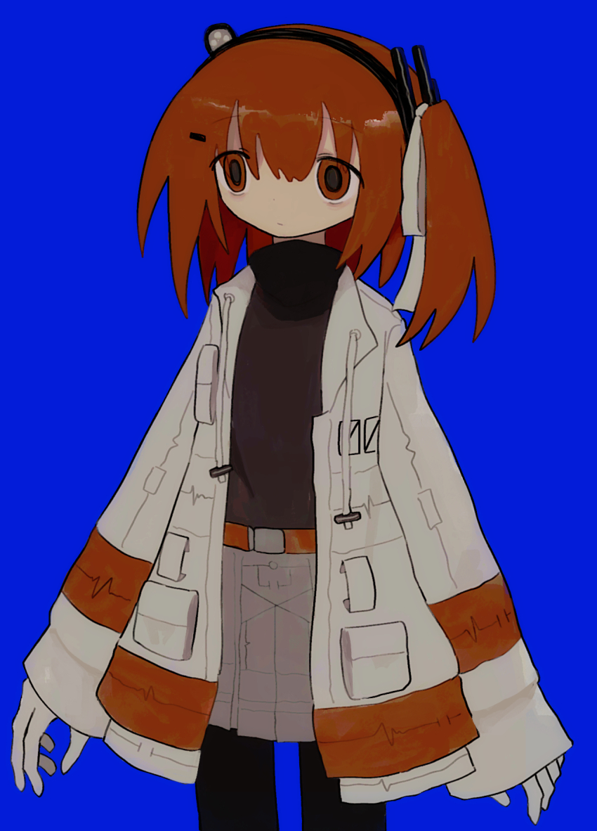 1girl, a.i._voice, adachi_rei, belt, black_leggings, black_shirt, blue_background, closed_mouth