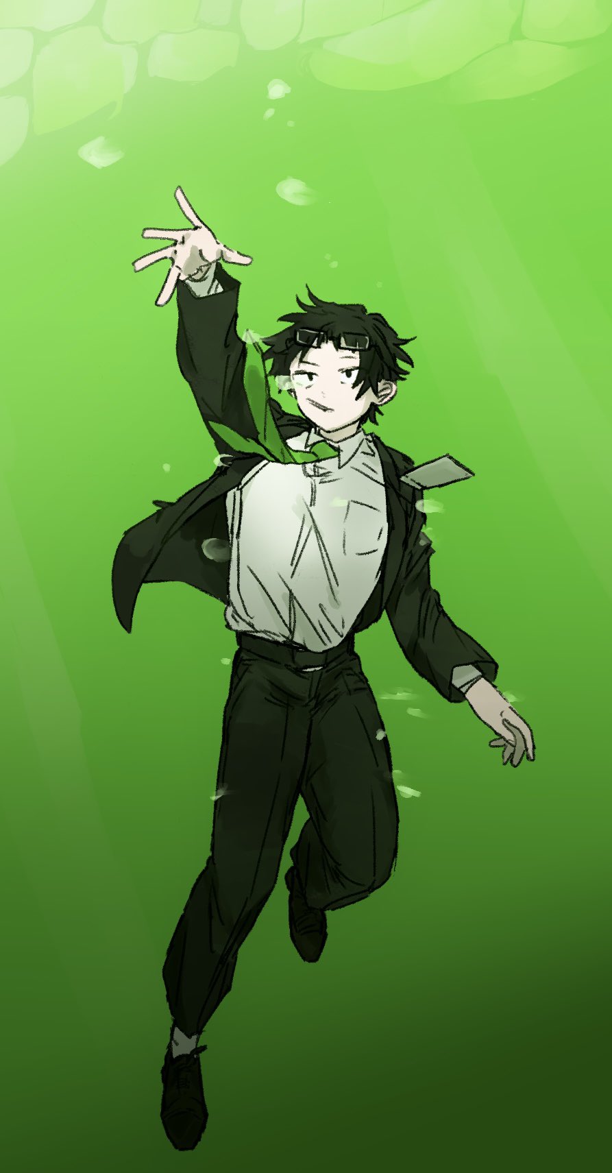 1boy, aask, air_bubble, black_eyes, black_hair, black_pants, black_shoes, bubble