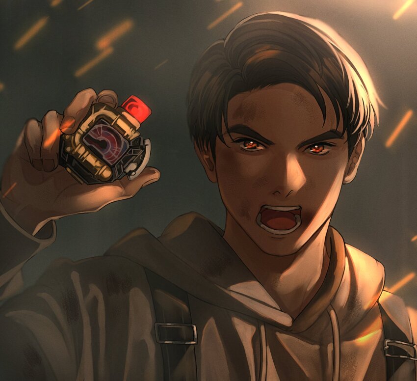 1boy, akuse_jou, bakuage_sentai_boonboomger, black_hair, close-up, henshin_pose, highres, hood, hoodie, open_mouth, red_eyes, sasakura34, short_hair, solo, super_sentai