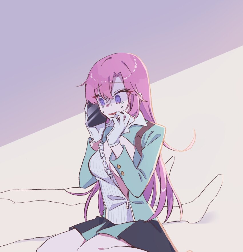 1boy, 1girl, aqua_jacket, black_skirt, breasts, crying, crying_with_eyes_open, frills