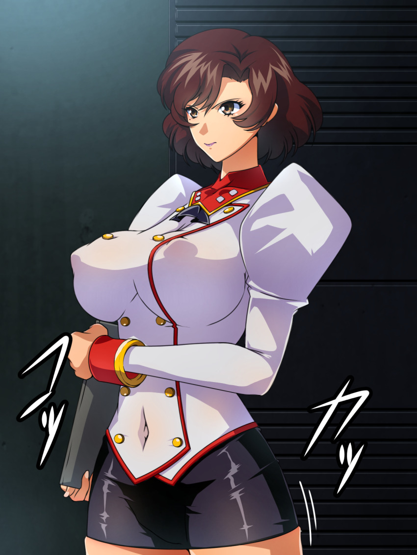 1girl, agent_aika, aika_(series), alternate_breast_size, ascot, black_ascot, blue_skirt, breasts