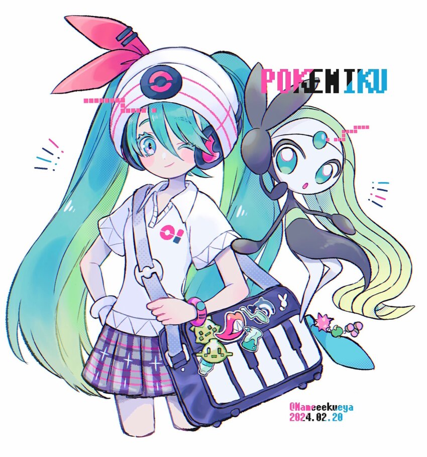 1girl, gen_5_pokemon, hatsune_miku, highres, legendary_pokemon, mameeekueya, meloetta, mythical_pokemon