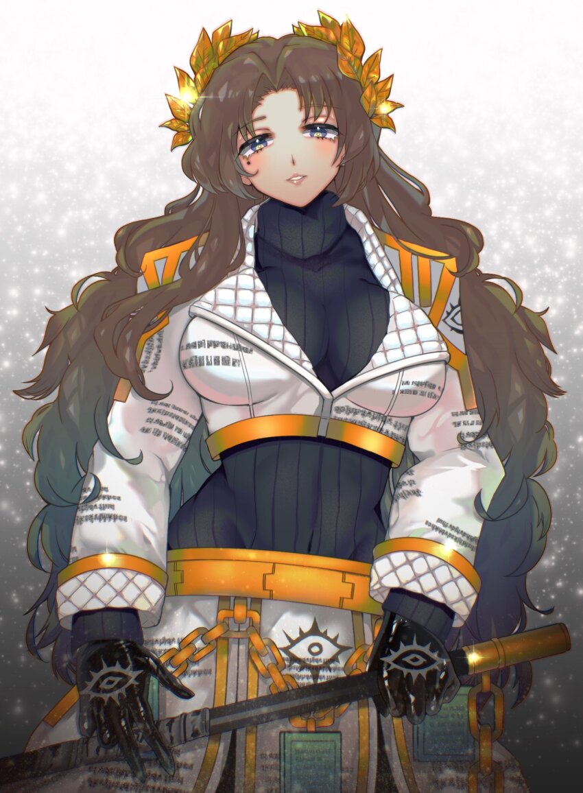 1girl, belt, black_gloves, breasts, brown_hair, chain, cowboy_shot, cropped_jacket