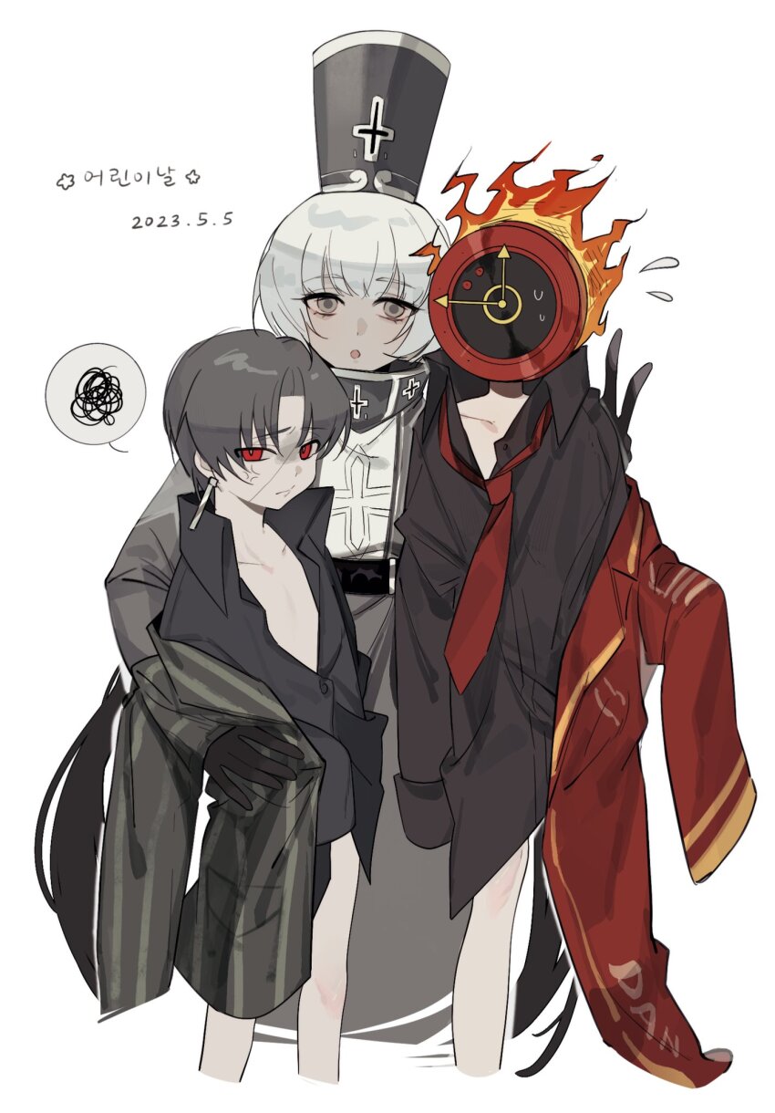 aged_down, aqiqiqiqi, black_gloves, black_hair, black_shirt, charon_(project_moon), clock, collared_shirt