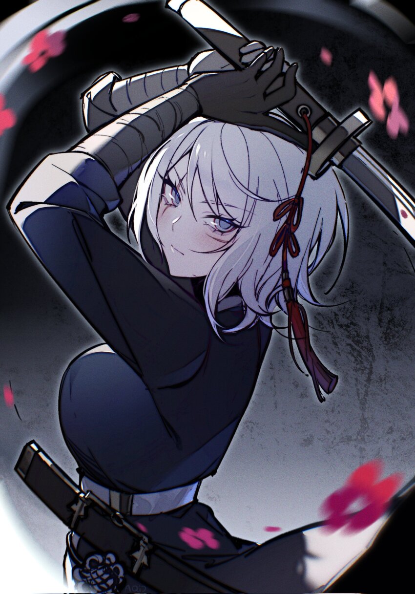 1girl, aqiqiqiqi, arm_up, belt, black_coat, blue_eyes, breasts, chinese_knot