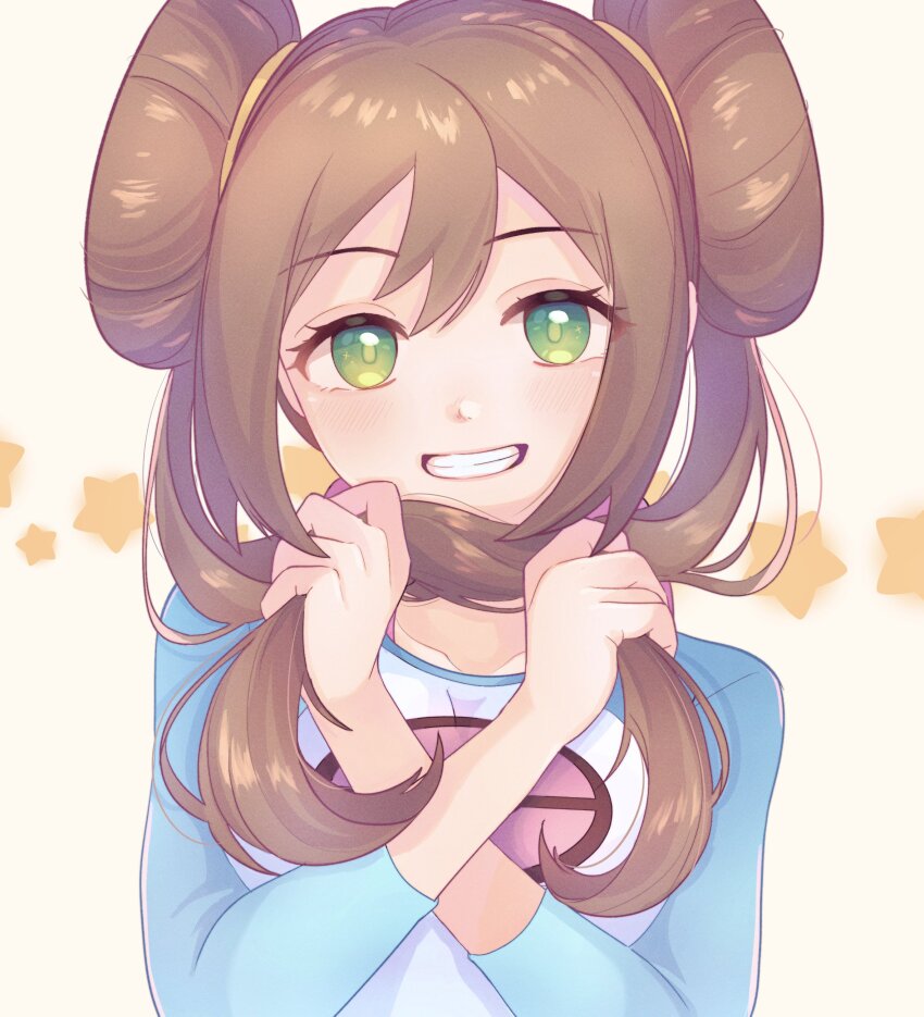 1girl, absurdres, brown_hair, commentary_request, donut_hair_bun, double_bun, eyelashes, green_eyes