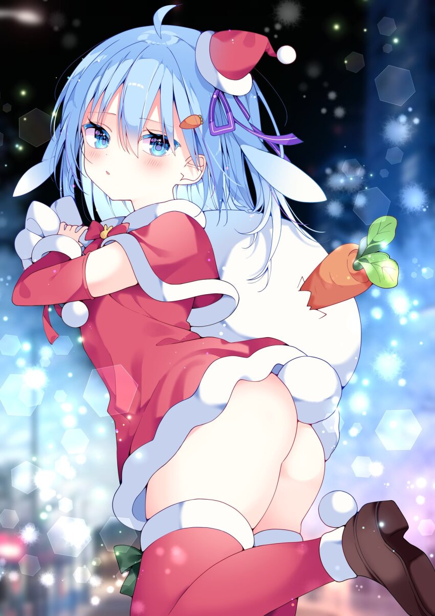1girl, ahoge, blue_eyes, blue_hair, blush, carrot, christmas, coco_chocolat, commission, dress, elbow_gloves, gloves, hair_between_eyes, hair_ornament, hat, highres, holding, holding_sack, loli, looking_at_viewer, multicolored_hair, no_panties, open_mouth, rabbit_tail, red_gloves, red_thighhighs, sack, santa_costume, santa_dress, santa_hat, shoes, short_hair, skeb_commission, skirt, solo, suisei_1121, tail, thighhighs, virtual_youtuber, white_hair