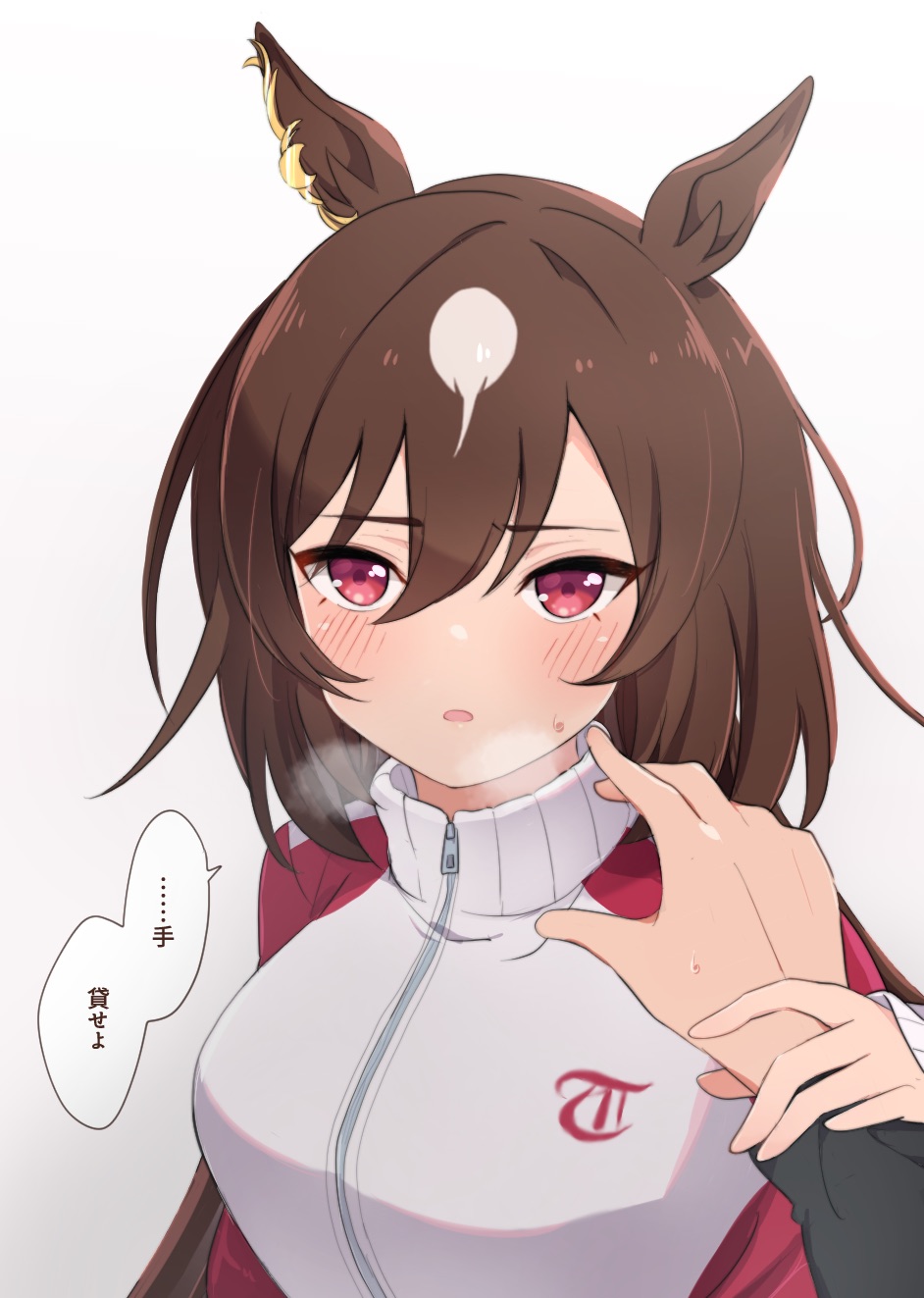 1girl, animal_ears, blush, breasts, brown_hair, commentary_request, den_den_tumuri, ear_ornament
