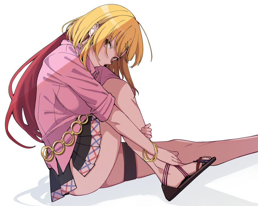 1girl, absurdres, black_skirt, blonde_hair, bracelet, breasts, chain_belt, commentary