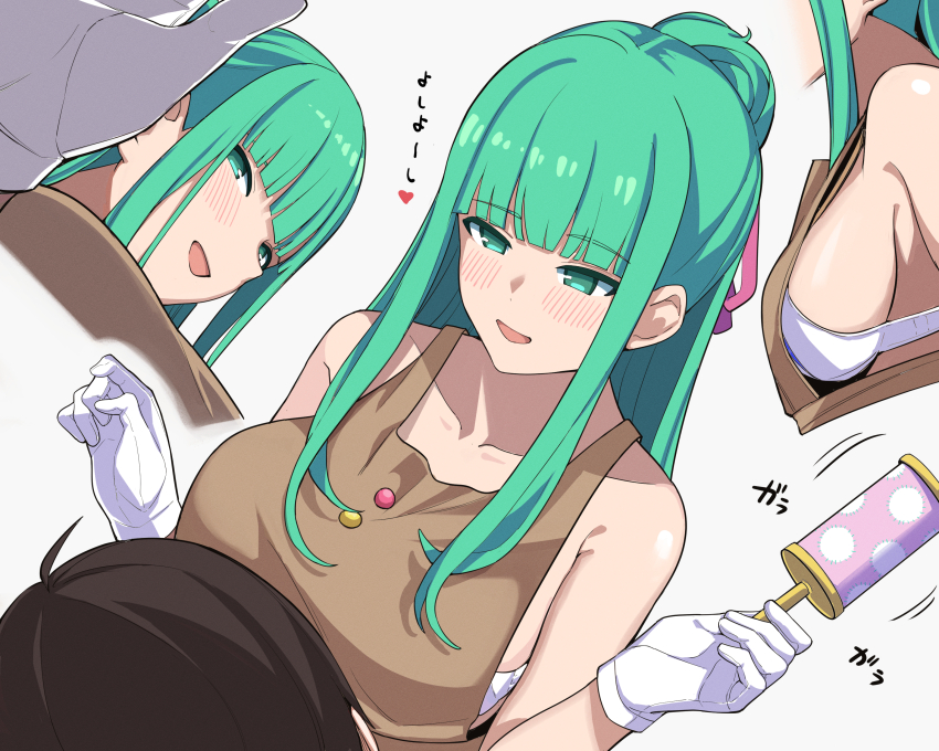 1boy, 1girl, :d, absurdres, apron, bikini, blush, breasts, brown_apron, brown_hair, gloves, green_eyes, green_hair, hair_bun, highres, large_breasts, long_hair, looking_at_another, multiple_views, nearly_naked_apron, nukigee_mitai_na_shima_ni_sunderu_watashi_wa_dou_surya_ii_desu_ka?, open_mouth, rattle, reizeiin_touka, shiranami_ryuji, sideboob, sidelocks, single_hair_bun, smile, swimsuit, tachibana_junnosuke, very_long_hair, white_bikini, white_gloves