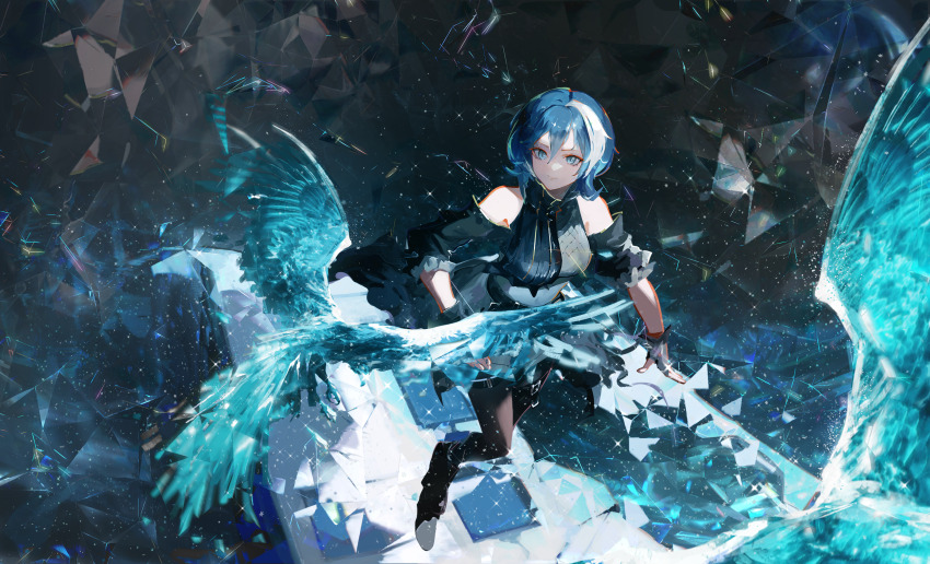 1girl, bird, cerise_(epic_seven), detached_sleeves, diamond_(gemstone), dress, epic_seven, gloves, highres, ice, impossible_clothes, impossible_dress, multicolored_hair, patterned_clothing, rasonsuti, short_hair