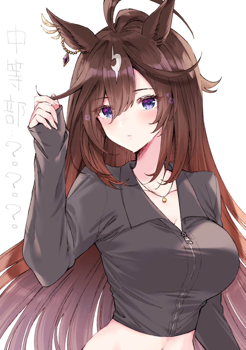 1girl, absurdres, ahoge, alternate_costume, animal_ears, blue_eyes, breasts, brown_hair, closed_mouth, collarbone, duramente_(casual)_(umamusume), duramente_(umamusume), ear_ornament, earrings, hair_between_eyes, highres, holding, holding_own_hair, horse_ears, horse_girl, jewelry, large_breasts, long_hair, long_sleeves, multicolored_hair, necklace, purple_eyes, single_earring, sleeves_past_wrists, solo, streaked_hair, tetora_(oudonoishiize), translation_request, umamusume, white_hair, zipper_pull_tab