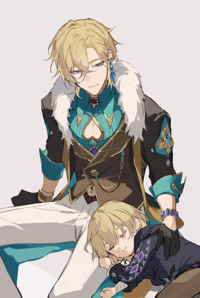 2boys, aged_down, aqua_shirt, aventurine_(honkai:_star_rail), black_gloves, black_jacket, blonde_hair, bracelet