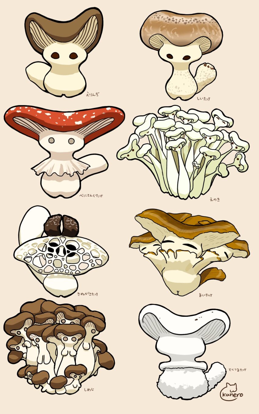 artist_name, button_mushroom, check_food, commentary_request, enoki_mushroom, fly_agaric, food_focus, food_request, highres, kanero_tuntun, mushroom, no_humans, original, oyster_mushroom, shiitake, shimeji_(mushroom), simple_background, translation_request, white_background