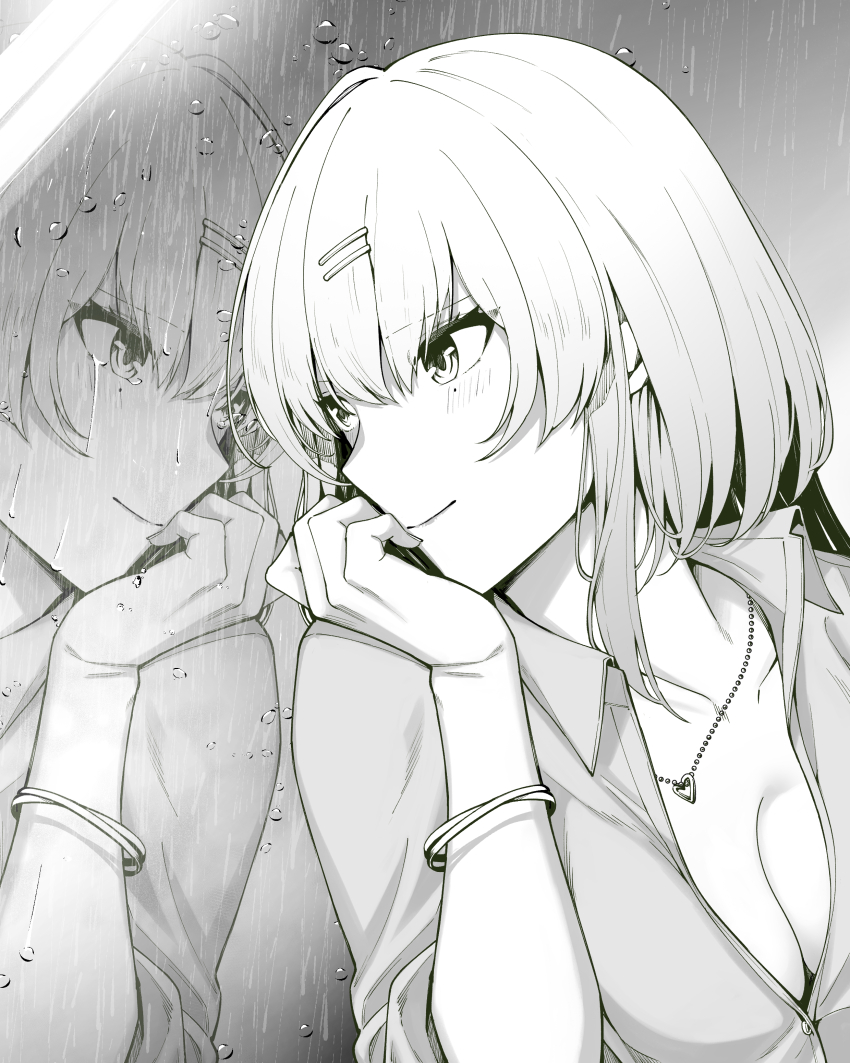 absurdres, bracelet, crying, grey_background, greyscale, hair_ornament, hairclip, hand_on_own_chin