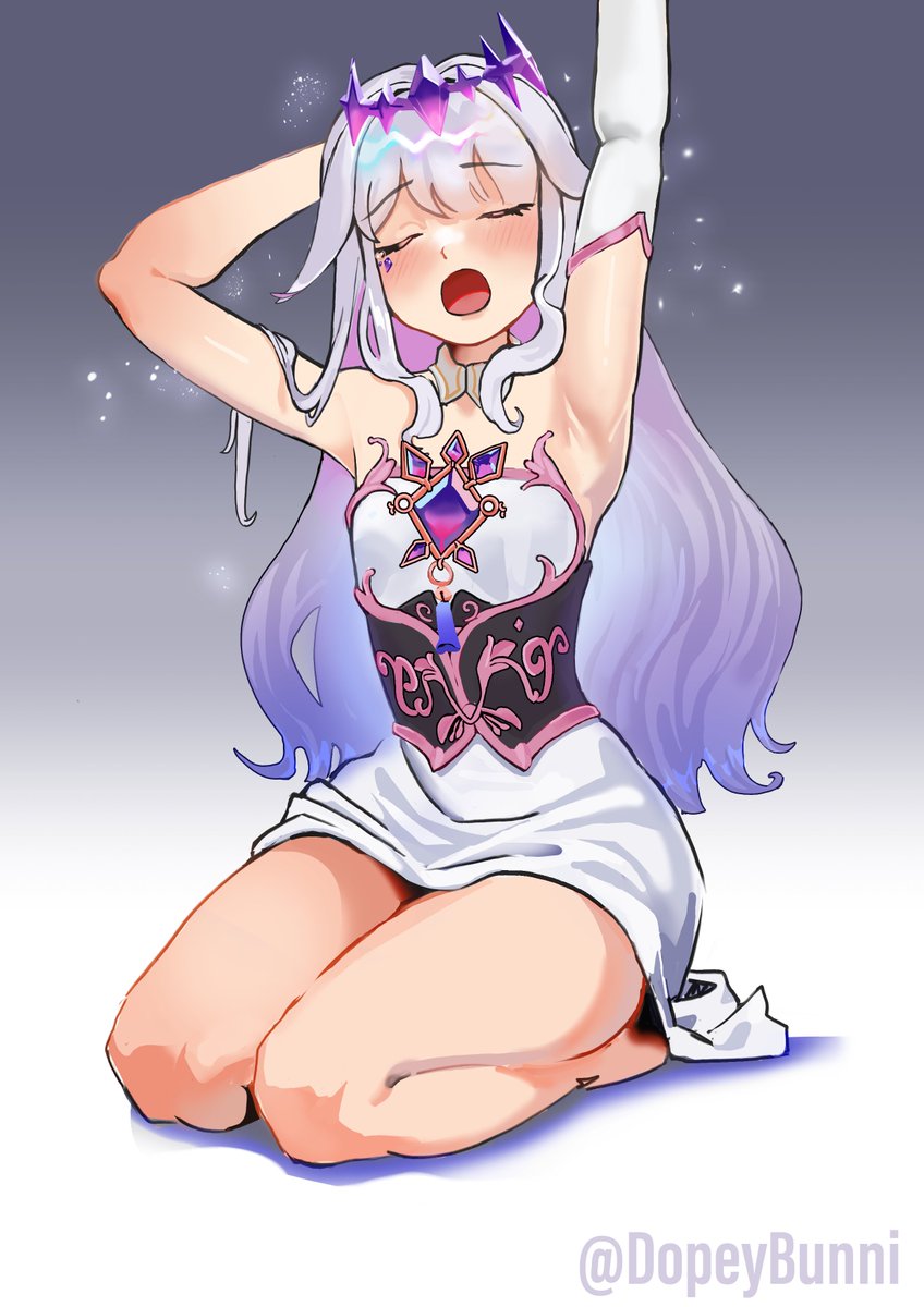 1girl, arms_up, bare_legs, barefoot, circlet, closed_eyes, colored_inner_hair, dopeybunni