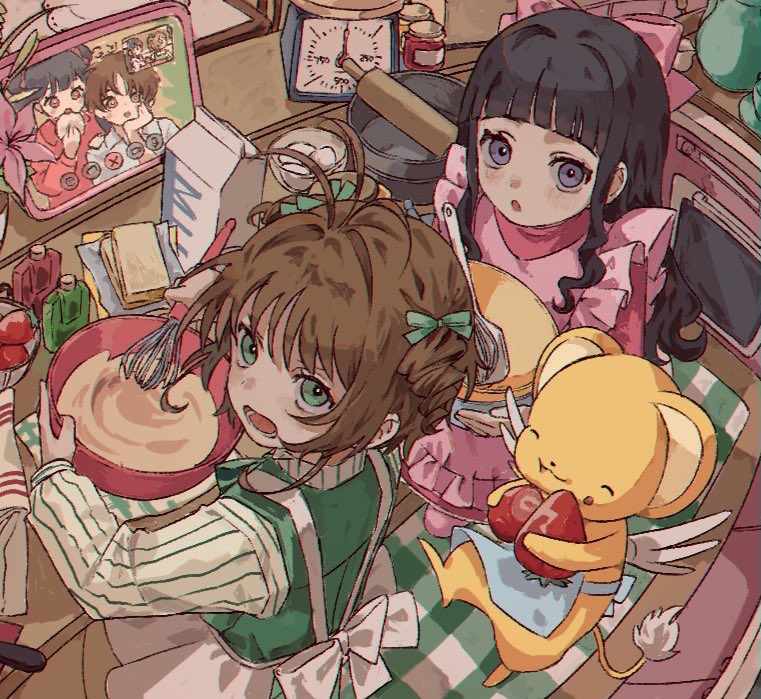 2girls, apron, black_hair, brown_hair, cardcaptor_sakura, cooking, daidouji_tomoyo, daidouji_tomoyo_(chef:_tomoyo)