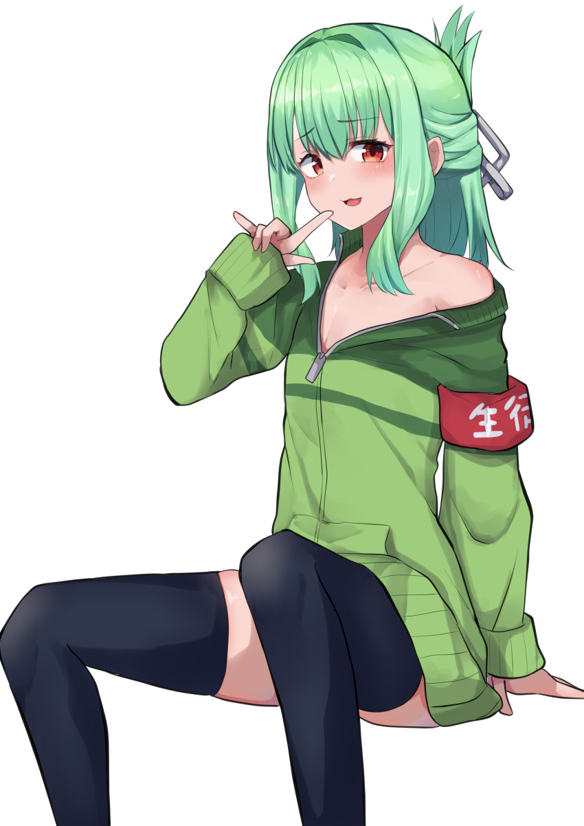 1boy, absurdres, androgynous, armband, black_thighhighs, blush, green_hair, green_jacket
