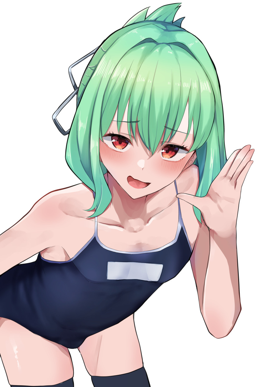 1boy, absurdres, androgynous, black_thighhighs, blush, bulge, competition_school_swimsuit, green_hair, hair_intakes, hand_up, highres, leaning_forward, looking_at_viewer, male_focus, medium_hair, open_mouth, otori_tan, puffy_male_chest, raised_eyebrows, red_eyes, school_swimsuit, seitokai_ni_mo_ana_wa_aru!, simple_background, solo, swimsuit, thighhighs, tongue, trap, white_background, yozakura_rakuza, zettai_ryouiki