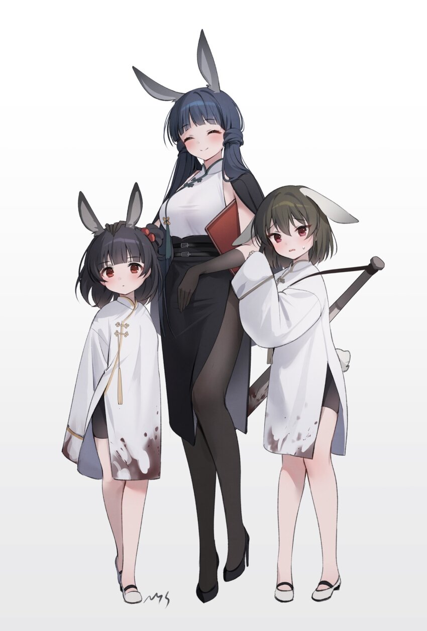 3girls, ^_^, animal_ears, artist_name, baseball_bat, bike_shorts, black_gloves, black_hair