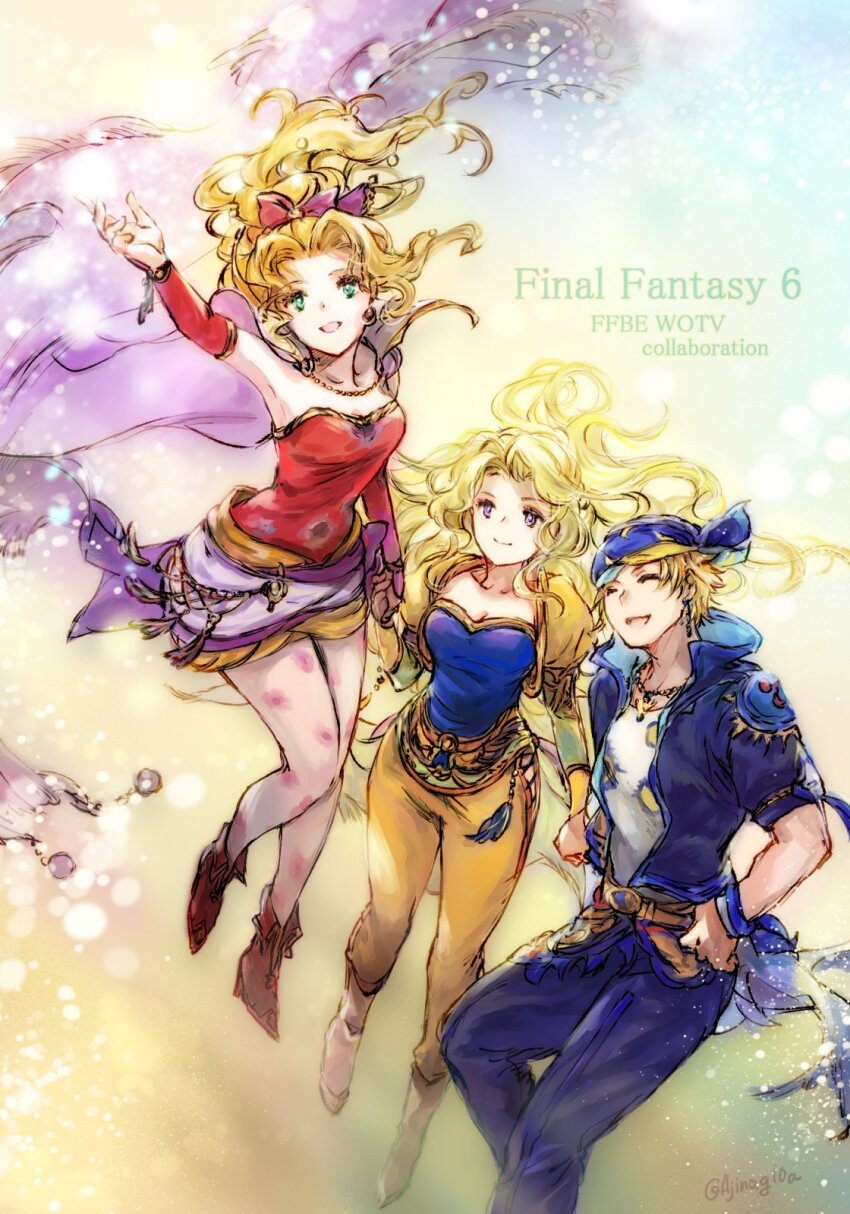 1boy, 2girls, ankle_boots, arm_up, belt, blonde_hair, blue_jacket, blue_pants