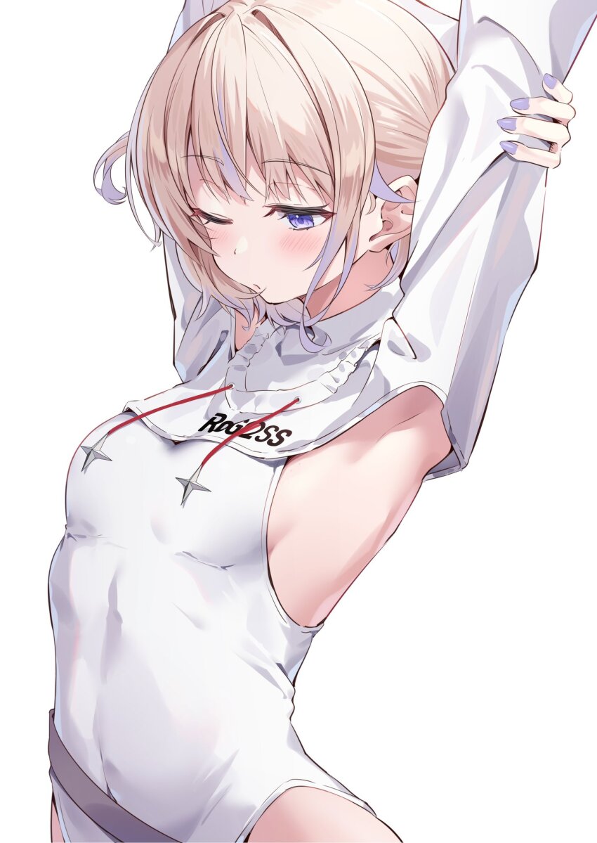 1girl, alternate_costume, armpits, blonde_hair, blush, breasts, crop_top, drawstring, fingernails, hand_on_own_arm, highres, hololive, hololive_dev_is, leotard, logo, long_sleeves, multicolored_hair, muyamii, navel, official_alternate_costume, one_eye_closed, purple_eyes, purple_hair, purple_nails, short_hair, short_twintails, simple_background, small_breasts, solo, streaked_hair, todoroki_hajime, todoroki_hajime_(regloss_uniform), twintails, two_side_up, virtual_youtuber, white_background, white_leotard