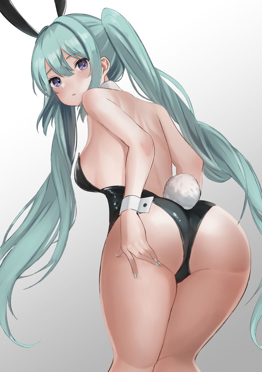 1girl, :o, absurdres, animal_ears, aqua_hair, ass, backless_leotard, bare_arms