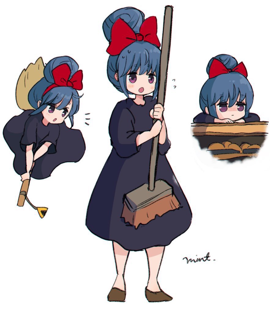 1girl, blue_hair, bow, broom, broom_riding, brown_footwear, closed_mouth, cosplay