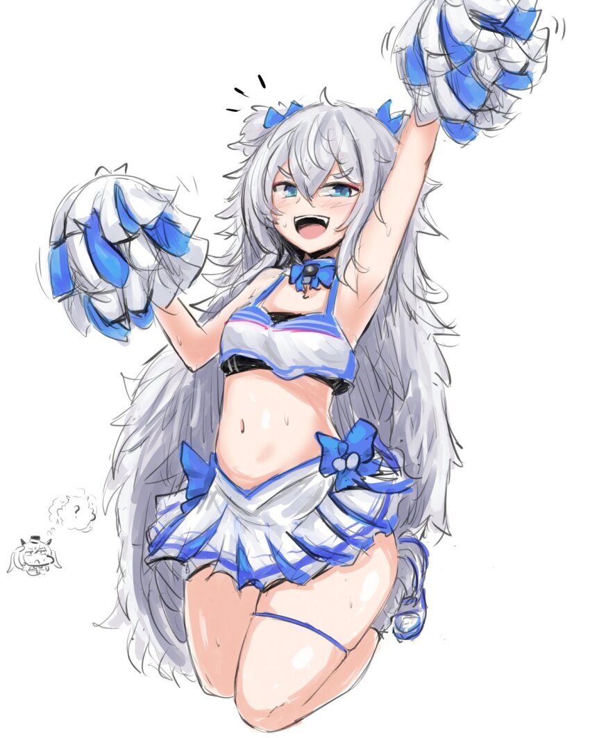 2girls, :d, black_sports_bra, blue_bow, blue_bowtie, blue_eyes, blue_ribbon, blue_skirt