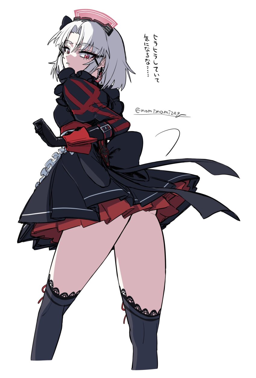 1girl, alternate_costume, ass, black_dress, black_gloves, black_thighhighs, drake_(maid_for_villain)_(nikke), drake_(nikke)