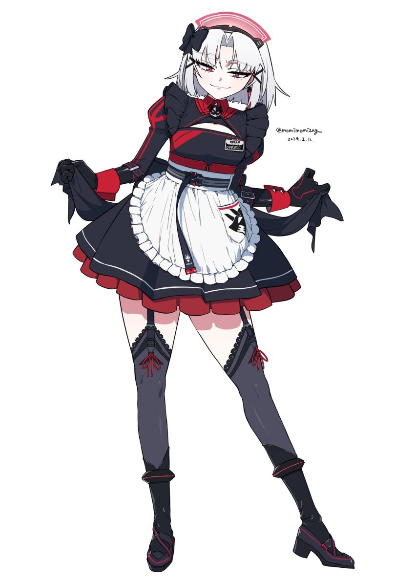 1girl, alternate_costume, apron, black_dress, black_gloves, black_thighhighs, closed_mouth, contrapposto