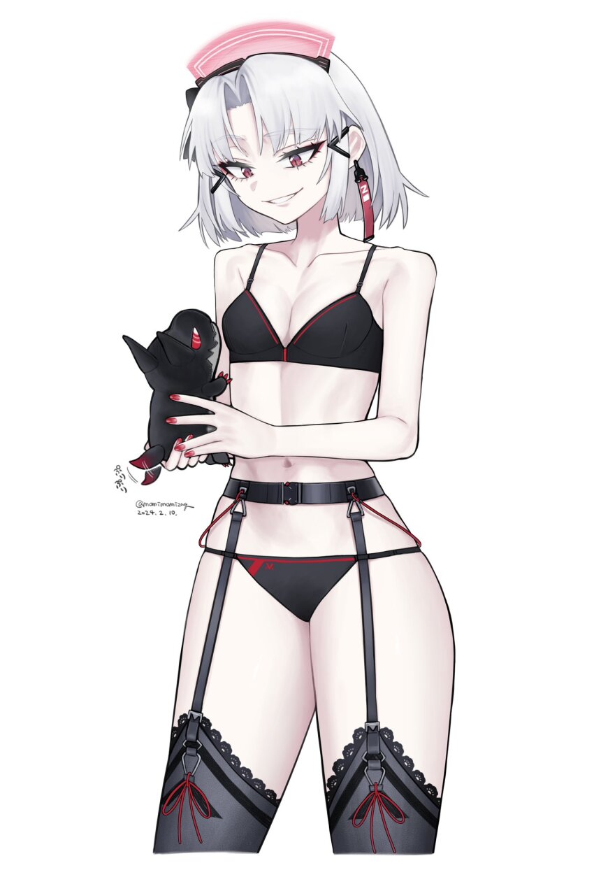 1girl, black_bra, black_panties, black_thighhighs, bra, breasts, closed_mouth, dated, drake_(maid_for_villain)_(nikke), drake_(nikke), goddess_of_victory:_nikke, grin, highres, holding, legwear_garter, medium_breasts, nikumanman, official_alternate_costume, panties, red_eyes, short_hair, simple_background, smile, thighhighs, twitter_username, underwear, white_background, white_hair