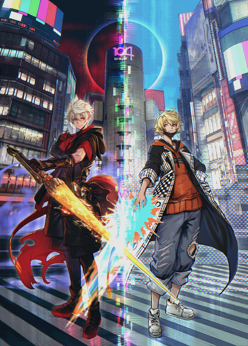 2boys, april_fools, artist_request, blonde_hair, building, character_request, coat, crossover, denim, full_body, gloves, highres, holding, holding_weapon, jeans, kanade_rindo, multiple_boys, official_art, pants, reynatis, road, second-party_source, shibuya_(tokyo), shibuya_109, shin_subarashiki_kono_sekai, shoes, sneakers, street, subarashiki_kono_sekai, sword, tokyo_(city), weapon, white_hair