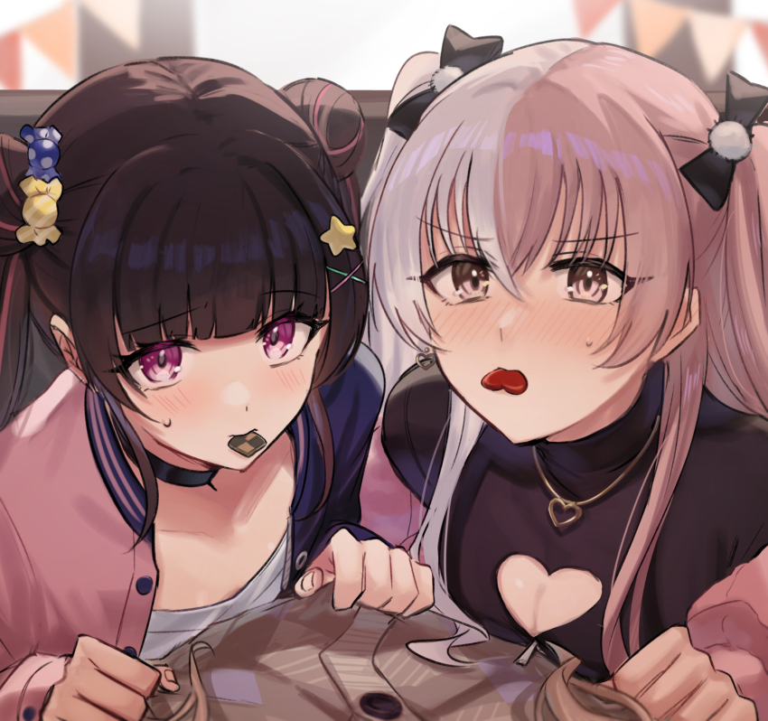 3girls, aoki_shizumi, black_bow, black_choker, black_hair, blurry, blurry_background, blush