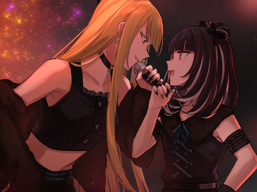 2girls, aoki_shizumi, armband, belt, black_hair, black_shirt, blonde_hair, brown_eyes