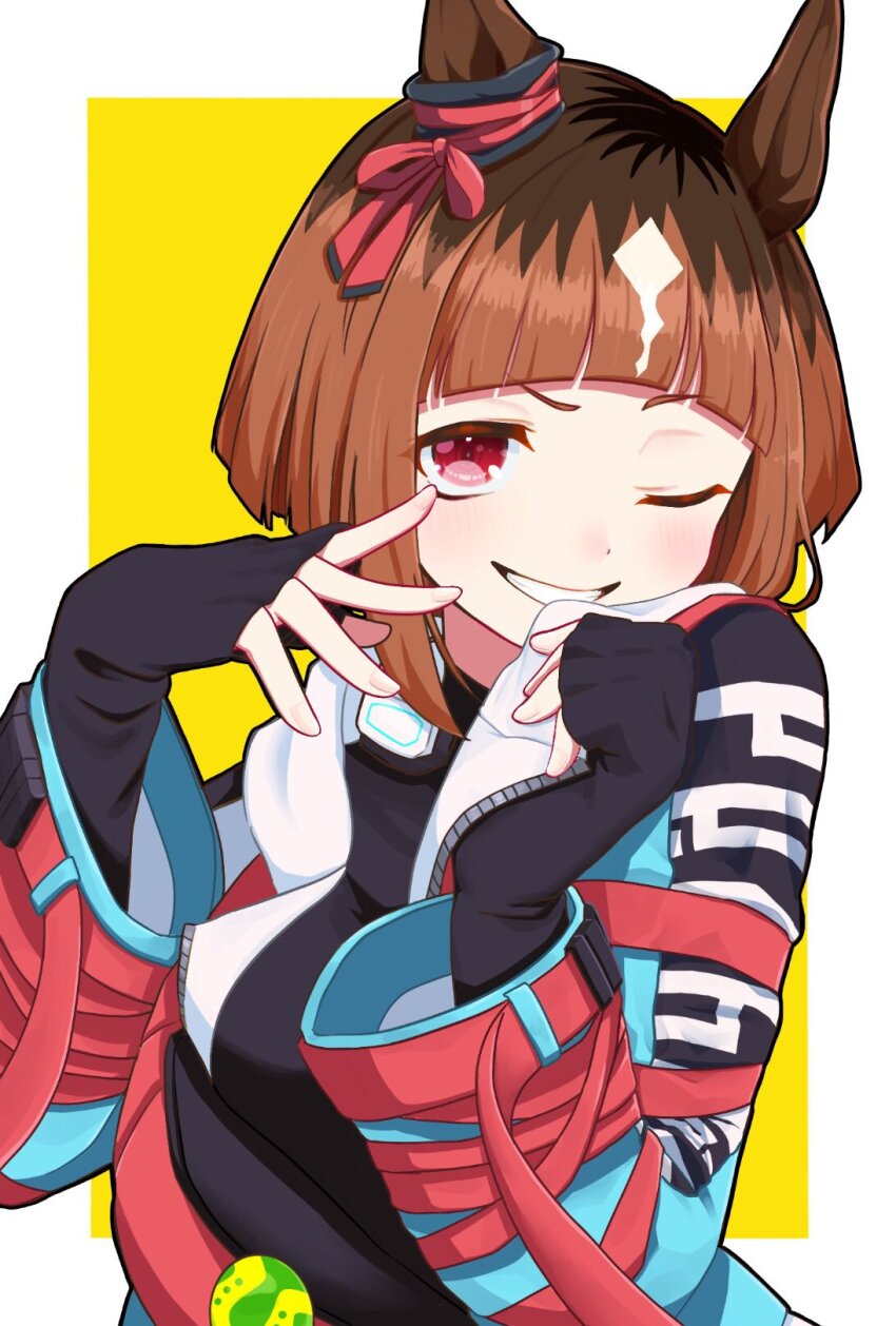 1girl, black_hair, black_shirt, blush, brown_hair, bukeo, hands_up, highres