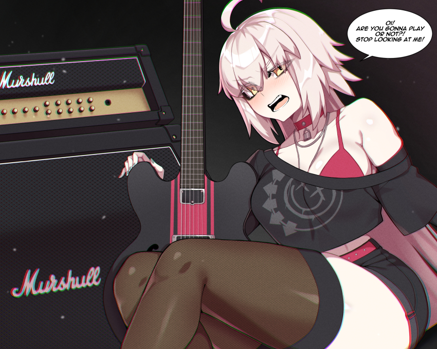 1girl, ahoge, bare_shoulders, black_shirt, black_shorts, breasts, choker, cleavage, electric_guitar, english_text, fate/grand_order, fate_(series), gibson_es-335, grey_hair, guitar, highres, hyperbudd, instrument, jeanne_d'arc_alter_(avenger)_(fate), jeanne_d'arc_alter_(fate), jewelry, large_breasts, long_hair, looking_at_viewer, necklace, off_shoulder, open_mouth, shirt, shorts, speech_bubble, thighhighs, yellow_eyes
