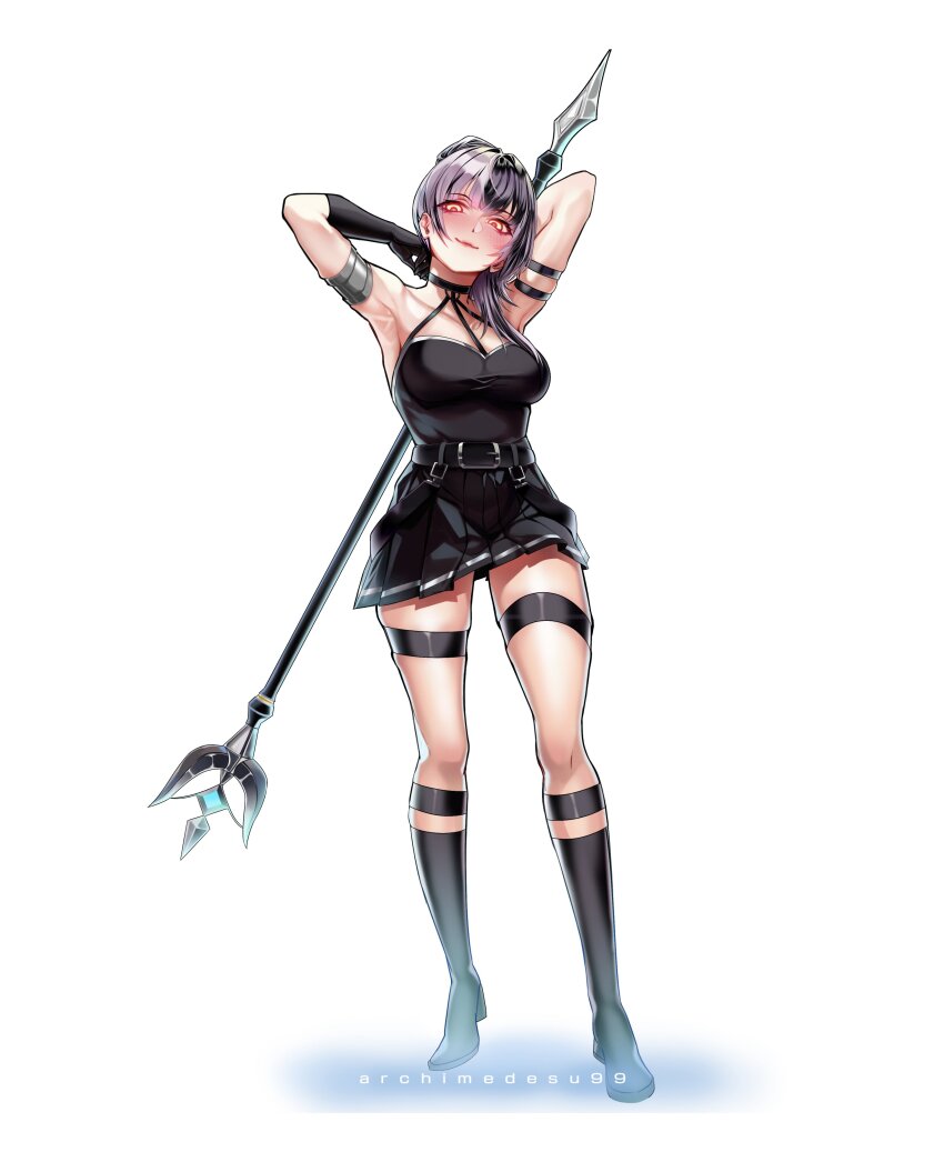 1girl, absurdres, archimedesu99, armlet, armpits, arms_up, artist_name, belt