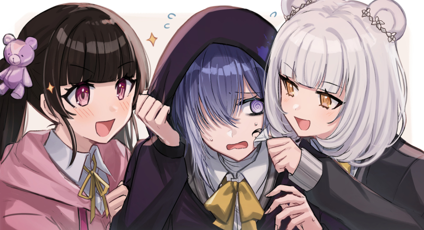 3girls, @_@, animal_ears, aoki_shizumi, bear_ears, bow, bowtie, brown_eyes