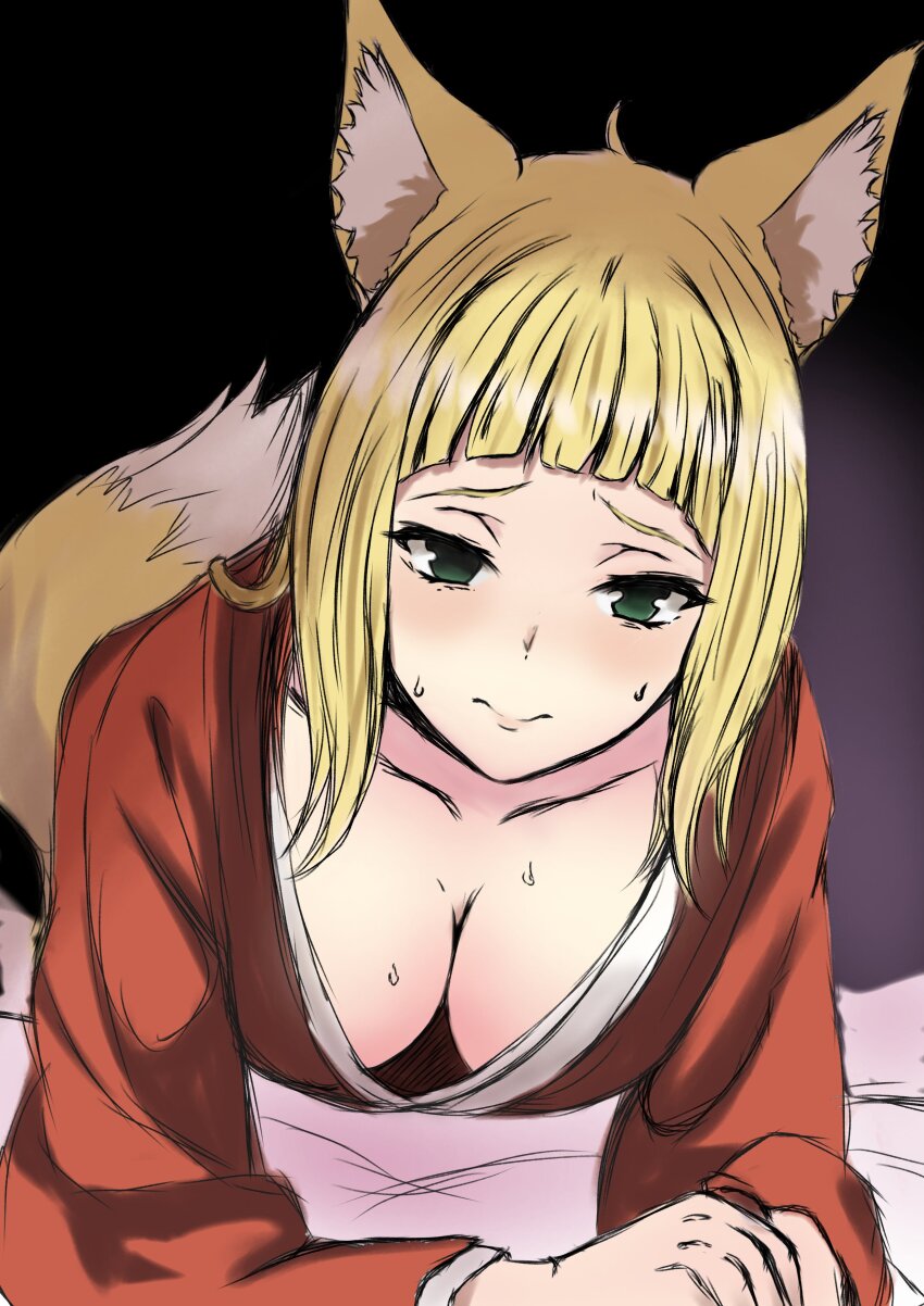 1girl, absurdres, animal_ears, blonde_hair, blunt_bangs, blush, breasts, cleavage